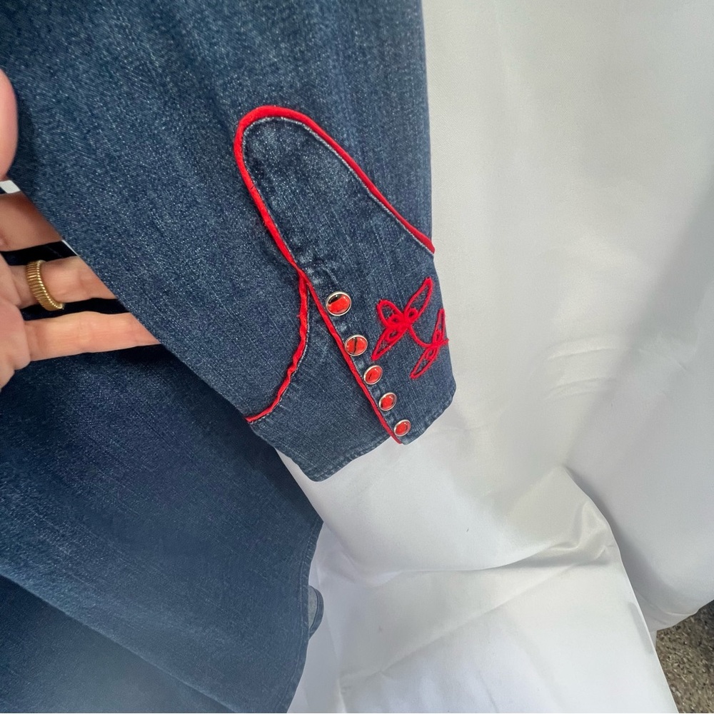 TASHA POLIZZI Luciella denim shirtdress w/snap buttons , pockets , tie belt red - Picture 6 of 8
